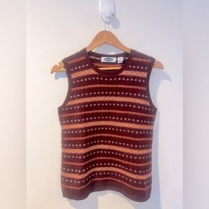 Vintage 100% Lambswool Fair Isle Striped Sweater Vest Burgundy Red Women’s